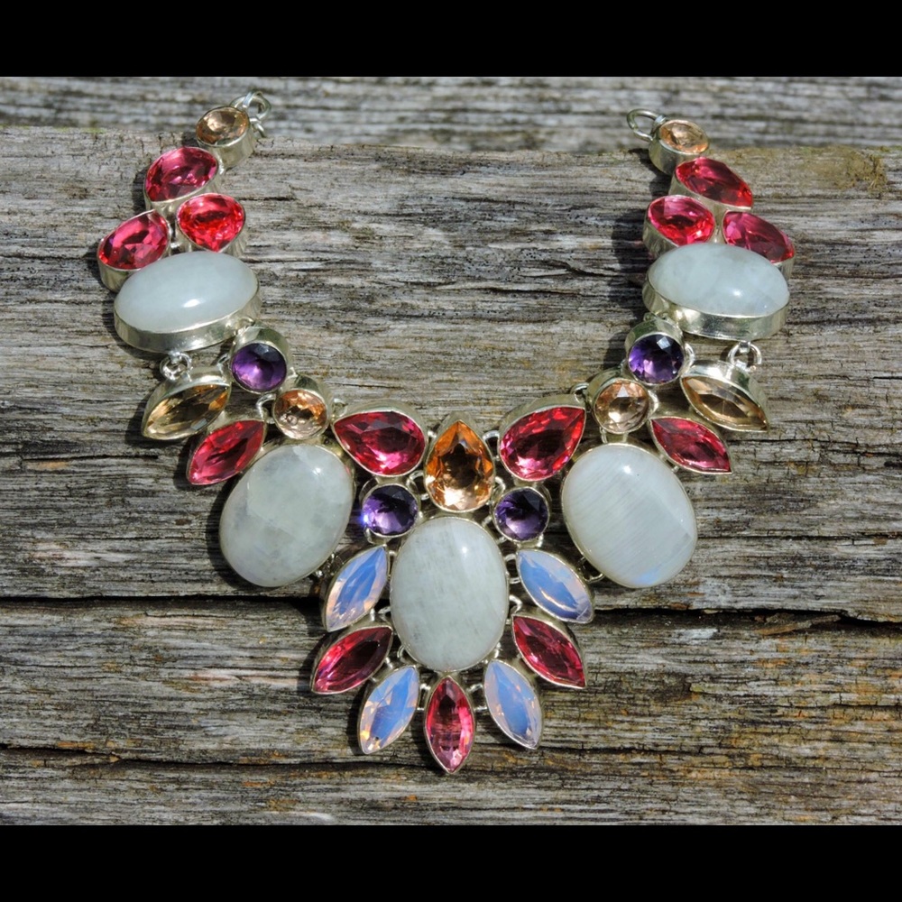 Moonstone Amethyst Topaz Morganite Gem Necklace